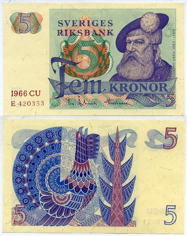 Швеция 5 крон 1966 CU, Густав I Ваза Pick 51a бумага aUNC 2192-13-3