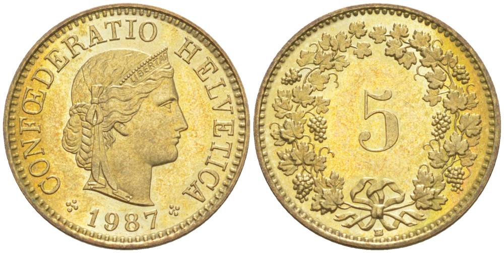 ШВЕЙЦАРИЯ 5 РАППЕНОВ 1987 В KM 26с алюминий латунь 4549-612