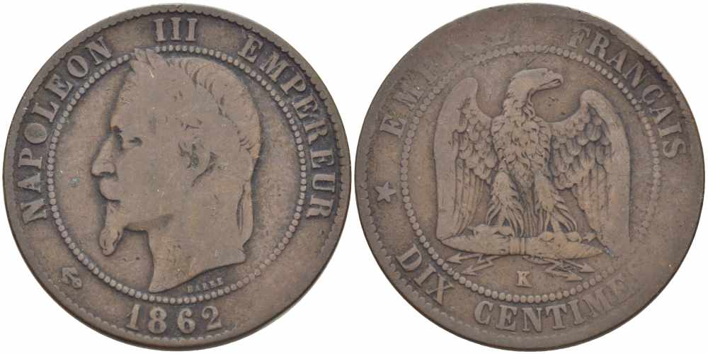 ФРАНЦИЯ 10 САНТИМОВ 1862 K, НАПОЛЕОН III (1852-1870) KM 798.3, LE FRANC 134.7 бронза 4364-4346