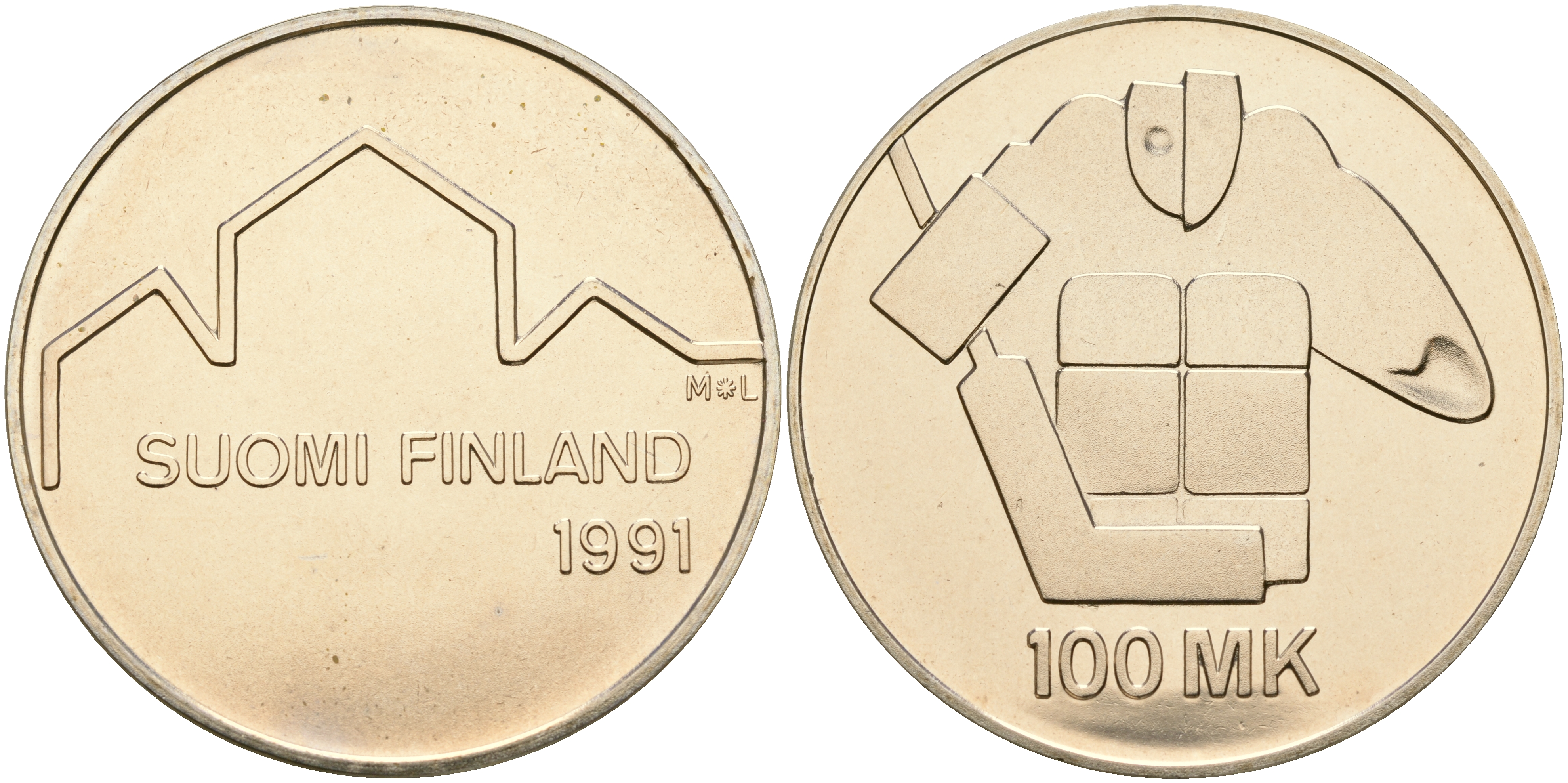 Финляндия 100 марок 1991 Чемпионат мира по хоккею KM 69 серебро UNC 1066-4-44