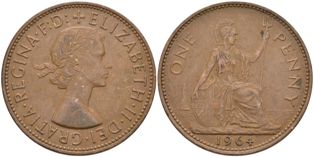 Великобритания 1 пенни 1964 Елизавета II (1952-2022) KM 897, Spink 4157 бронза 4574-233