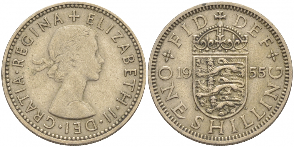 Великобритания 1 шиллинг 1955 Елизавета II (1952-2022), Английский герб KM 904, Spink 4147 медно-никель 4402-1231