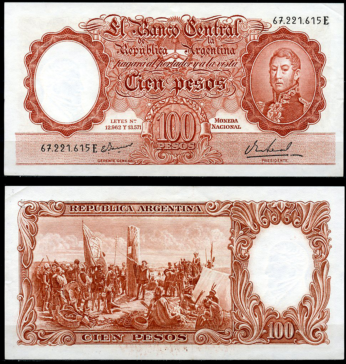 Аргентина 100 песо ND (1967-1969) Генерал Сан Мартин, картина "Основание Буэнос-Айреса" Pick 272 (10)  бумага  аUNC  444-133-3-2