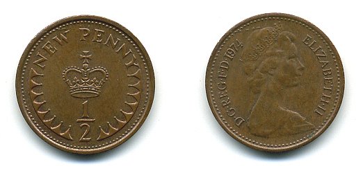 Великобритания 1/2 пенни 1971 Елизавета II (1952-2022) КМ 914, Spink 4239 бронза 4110-1646