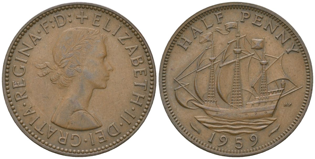 Великобритания 1/2 пенни 1959 Елизавета II (1952-2022) KM 896, Spink 4158 бронза 4163-1155