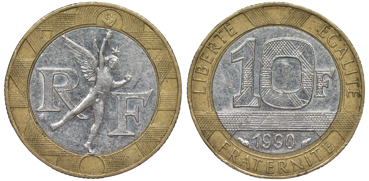 Франция 10 франков 1990 тип Гений Бастилии KM 964.1, Le Frank 375.5 биметалл 45-814