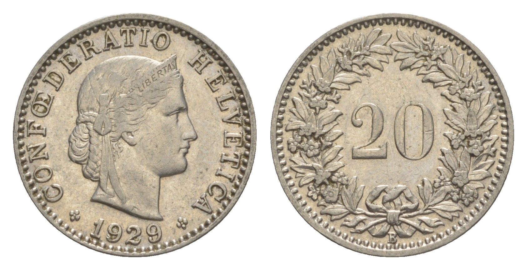 Швейцария 20 раппенов 1929 B KM 29 никель 4625-931