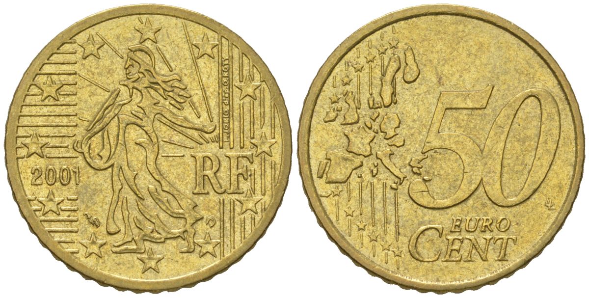 Франция 50 евроцентов 2001 KM 1287 нордик aUNC 4538-855