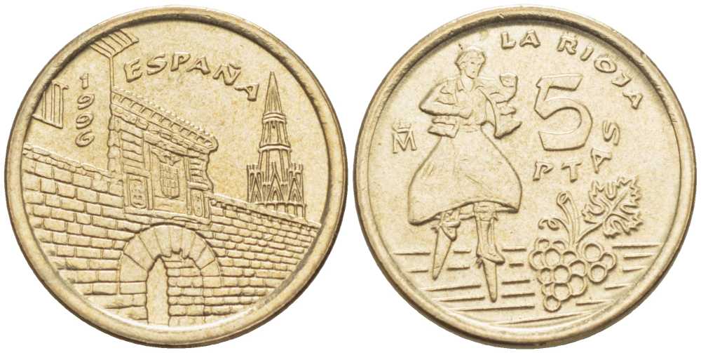 Испания 5 песет 1996 Хуан Карлос I (1975-2014), Риоха (La Rioja) KM 960 алюминиевая бронза 214-126