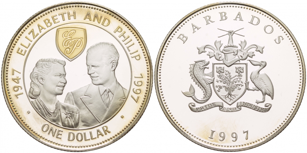 Барбадос 1 доллар 1997 золотая свадьба королевы Елизаветы и принца Филиппа, позолота KM 64 серебро PROOF 02-117-52