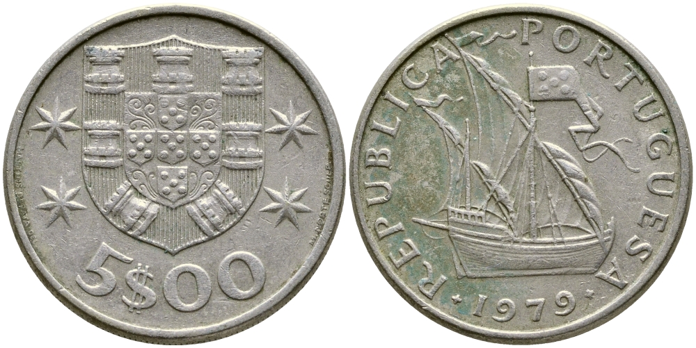 ПОРТУГАЛИЯ 5 ЭСКУДО 1979 ПАРУСНИК KM 591 медно-никель 4388-516