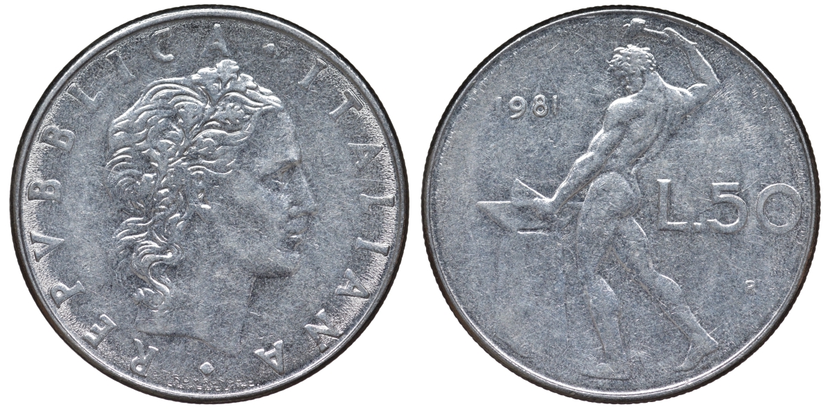 Италия 50 лир 1981 R, бог Вулкан у наковальни KM 95.1 нержавеющая сталь 4142-1143