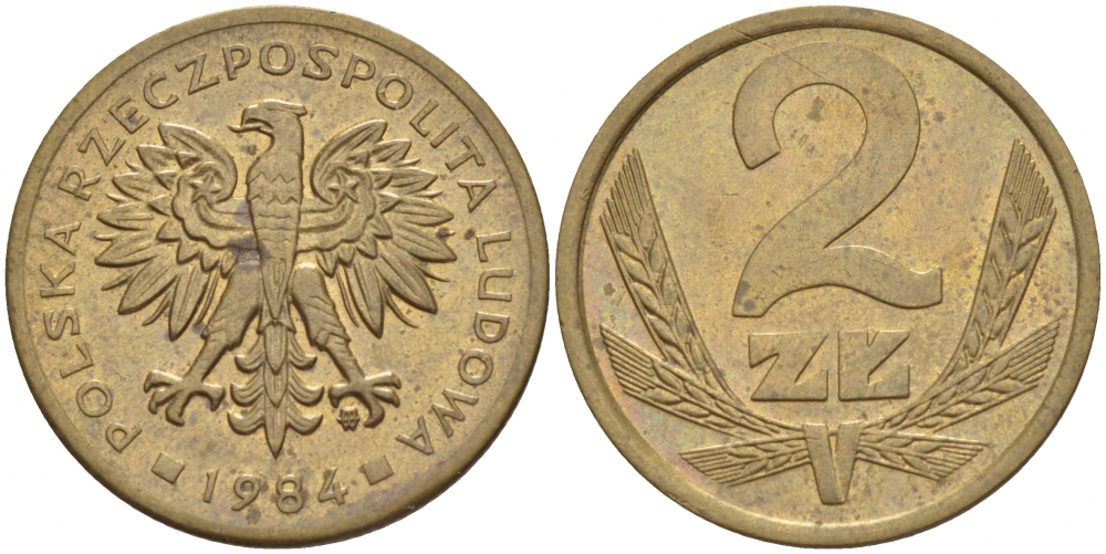 ПОЛЬША 2 ЗЛОТЫХ 1984 MW KM 80.1 латунь 4532-122