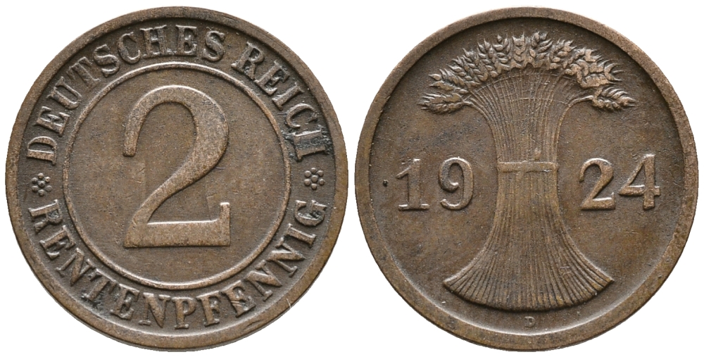ГЕРМАНИЯ 2 РЕНТЕНПФЕННИГА 1924 D KM 31, J. 307 бронза 24-637