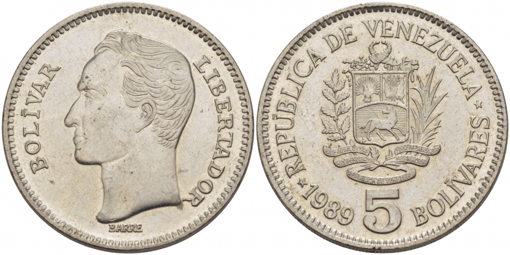 ВЕНЕСУЭЛА 5 БОЛИВАРОВ 1989 ПОРТРЕТ СИМОНА БОЛИВАРА KM 53a.2 никелированная сталь 37-733