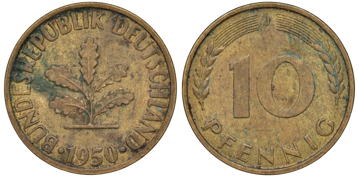 ФРГ 10 пфеннигов 1950 J KM 108, J. 383 сталь плакированная латунью 4132-537
