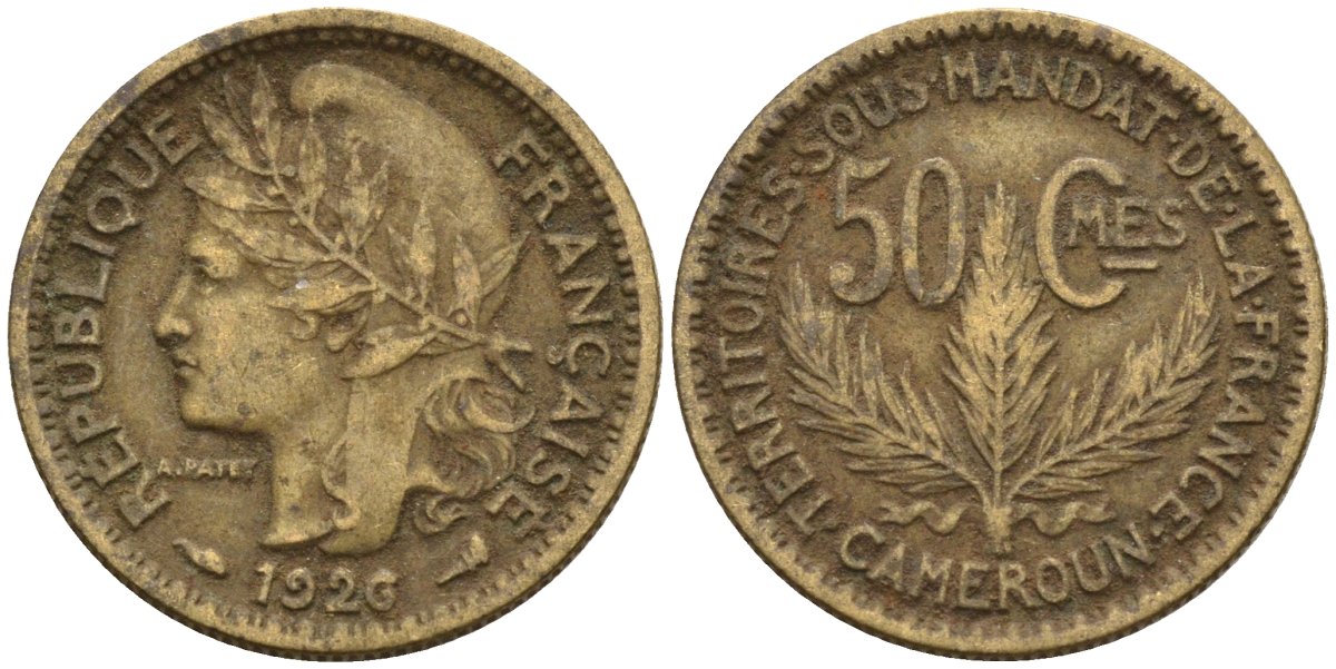 Камерун 50 сантимов 1926 (a), мондвор Париж KM 1 алюминиевая бронза 4169-1126