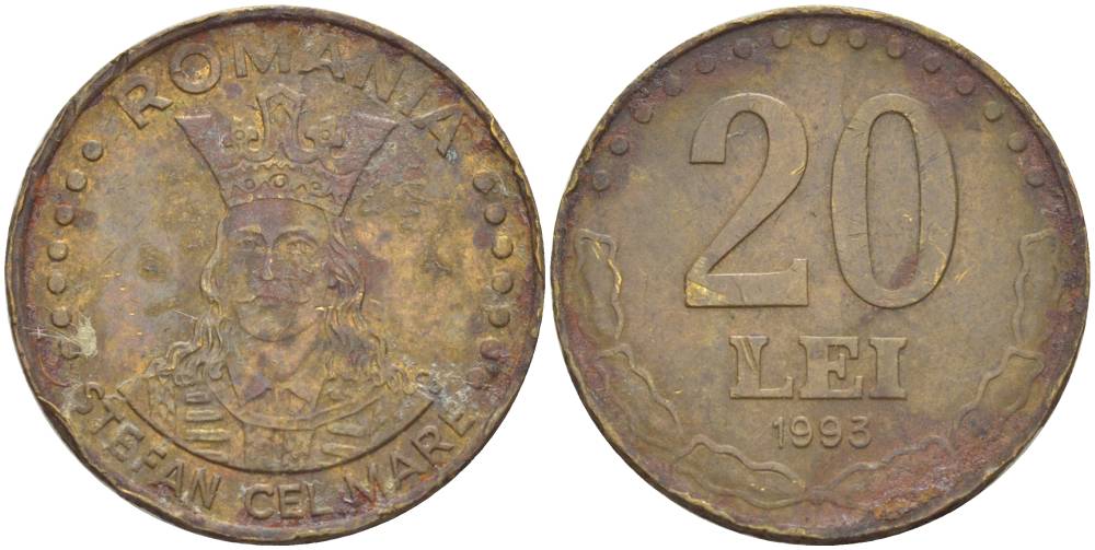 РУМЫНИЯ 20 ЛЕЙ 1993 СТЕФАН III ВЕЛИКИЙ (1429-1504) KM 109 сталь плакированная латунью 4551-921
