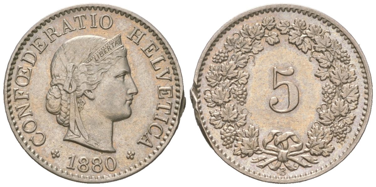 Швейцария 5 раппенов 1880 B KM 26 медно-никель 4189-946