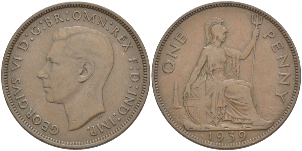 Великобритания 1 пенни 1939 Георг VI (1936-1952) KM 845, Spink 4114 бронза 3996-145