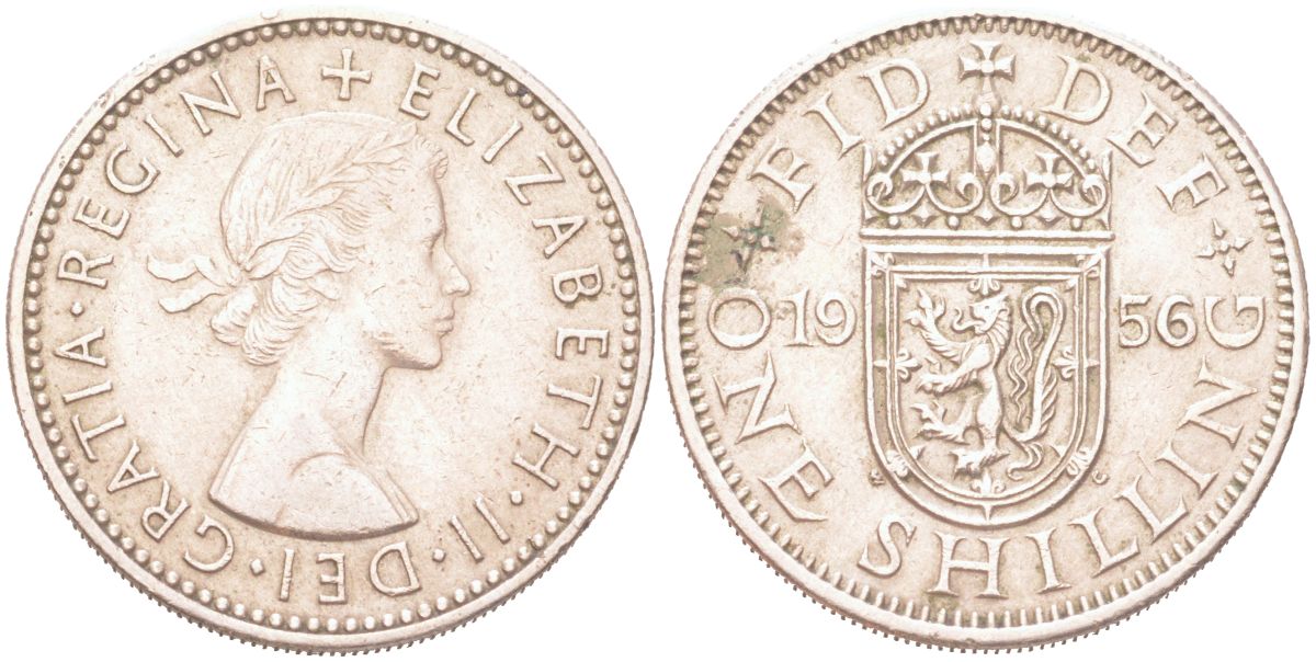 Великобритания 1 шиллинг 1956 Елизавета II (1952-2022), Шотландский герб KM 905, Spink 4148 медно-никель 4128-627