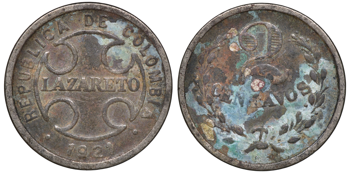 Колумбия 2 сентаво 1921 государственный лепрозорий KM L10 медно-никель 53-1012