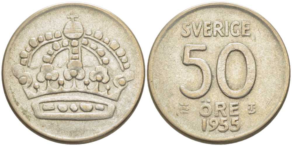 Швеция 50 эре 1955 TS, Густав VI Адольф (1950-1973) KM 825 серебро 119-1054