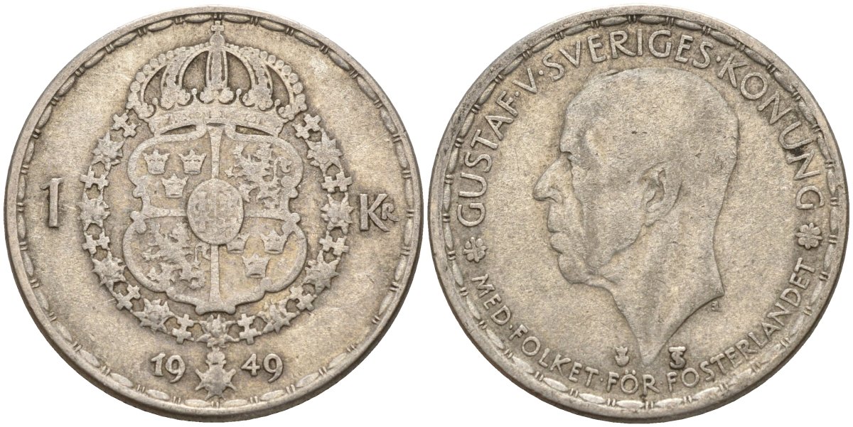 Швеция 1 крона 1949 TS, Густав VI Адольф (1950-1973) KM 814 серебро 4148-1112