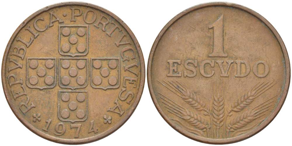 Португалия 1 эскудо 1974 KM 597 бронза 4526-111