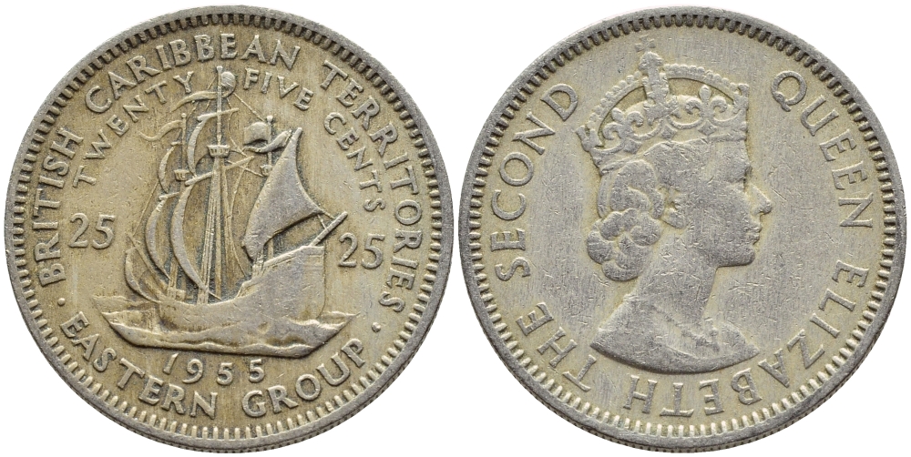 Британские Восточно-Карибские территории 25 центов 1955 Елизавета II (1952-2022), парусник KM 6 медно-никель 76-437