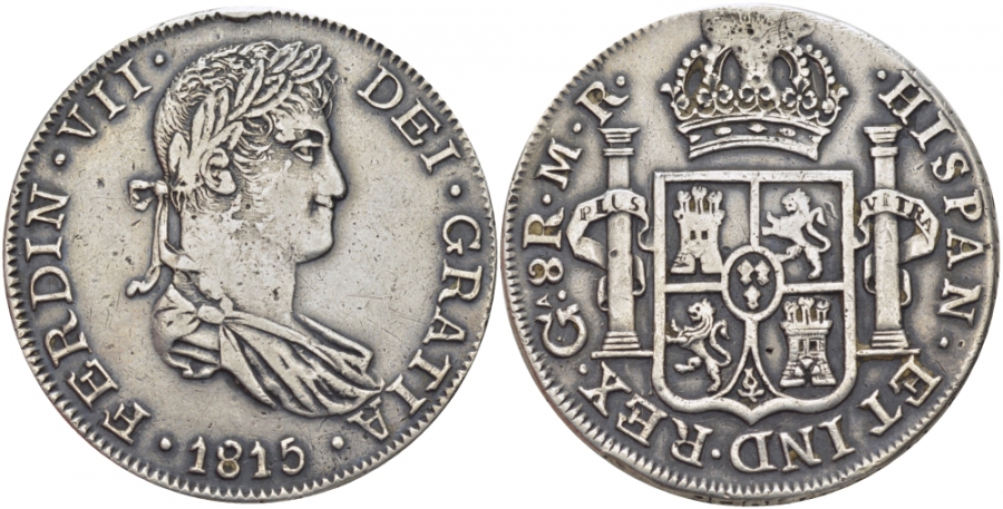 Мексика, Гвадалахара 8 реалов 1815 MR, Фердинанд VII (1808-1814) Испанский, Guadalajara Mint KM 111.3 серебро 00-816-19