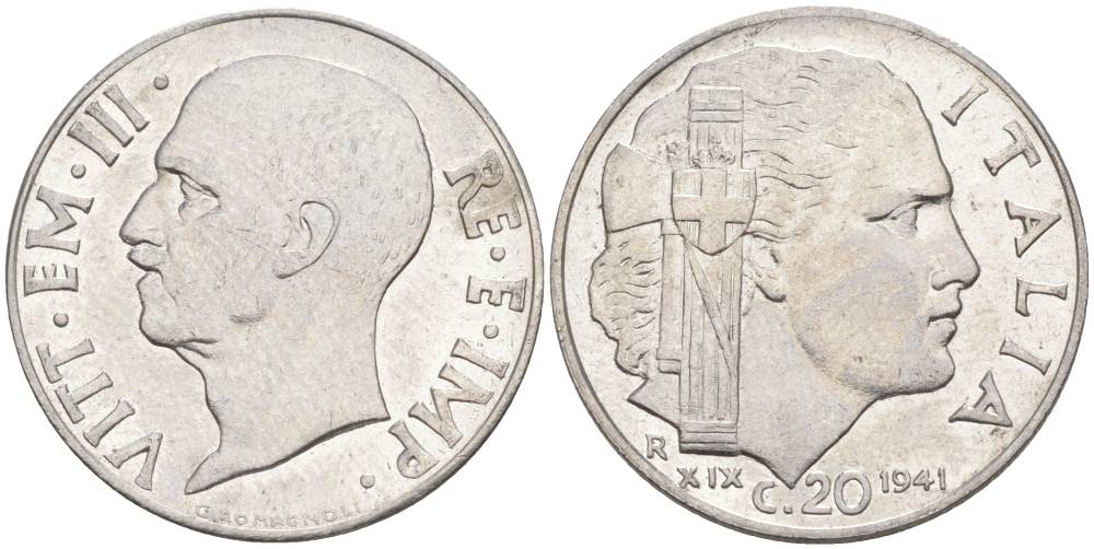 ИТАЛИЯ 20 ЧЕНТЕЗИМО 1941 R, ГОД XIX, ВИКТОР ЭММАНУИЛ III (1900-1946) KM 75b, VEM3. 1028 нержавеющая сталь 3853-953