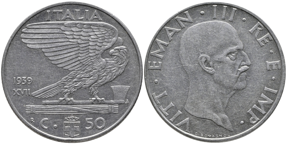 ИТАЛИЯ 50 ЧЕНТЕЗИМО 1939 R, ВИКТОР ИМАНУИЛ, XVII ГОД, НЕМАГНИТНАЯ KM 76а нержавеющая сталь 87-612