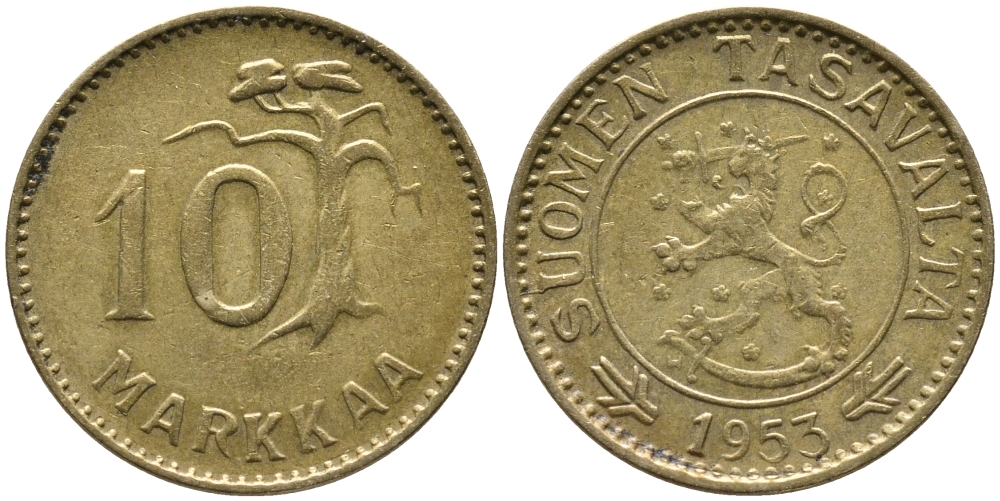 ФИНЛЯНДИЯ 10 МАРОК 1953 Н KM 38 алюминиевая бронза 100-437