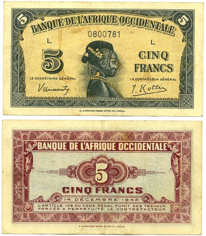 ФРАНЦУЗСКАЯ ЗАПАДНАЯ АФРИКА 5 ФРАНКОВ 1942 БУКВА L Pick 28а бумага 7486-47-1-2