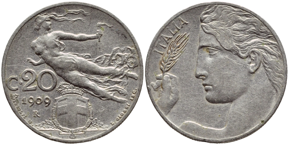 Италия 20 чентезимо 1909 R, Виктор Эммануил III (1900-1946) KM 44 никель 4398-222
