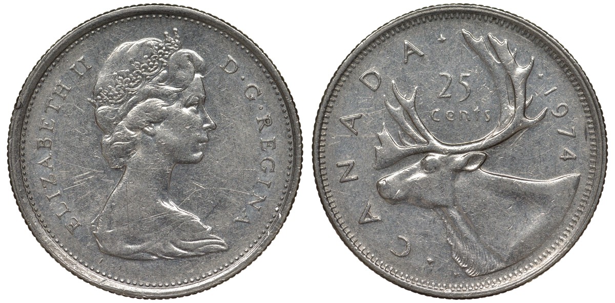 Канада 25 центов 1974 олень карибу, Елизавета II (1952-) KM 62b никель 4128-645