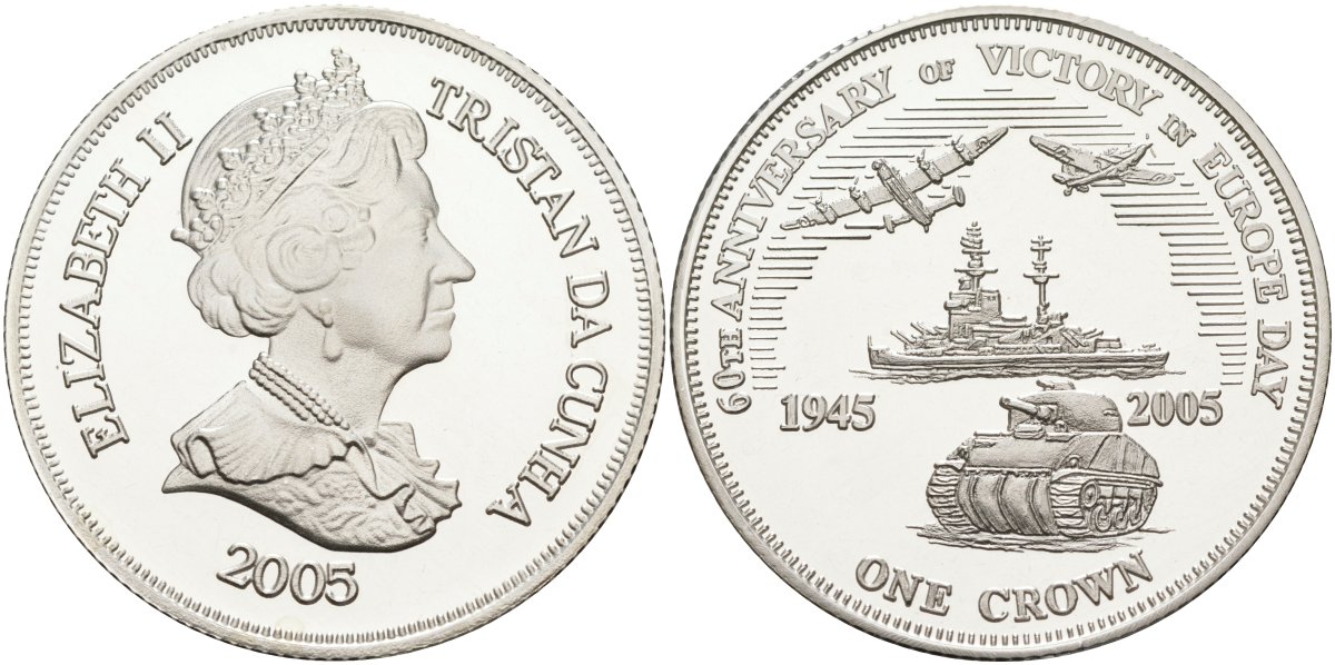 Тристан-да-Кунья 1 крона 2005 60-я годовщина победы в Европе, танки, самолёты, корабли серебро PROOF 00-00