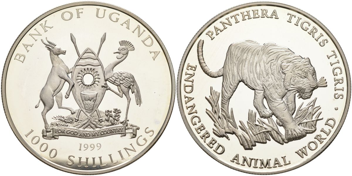 Уганда 1000 шиллингов 1999 серия сохраним наш мир, Бенгальский тигр серебро PROOF 04-138-41