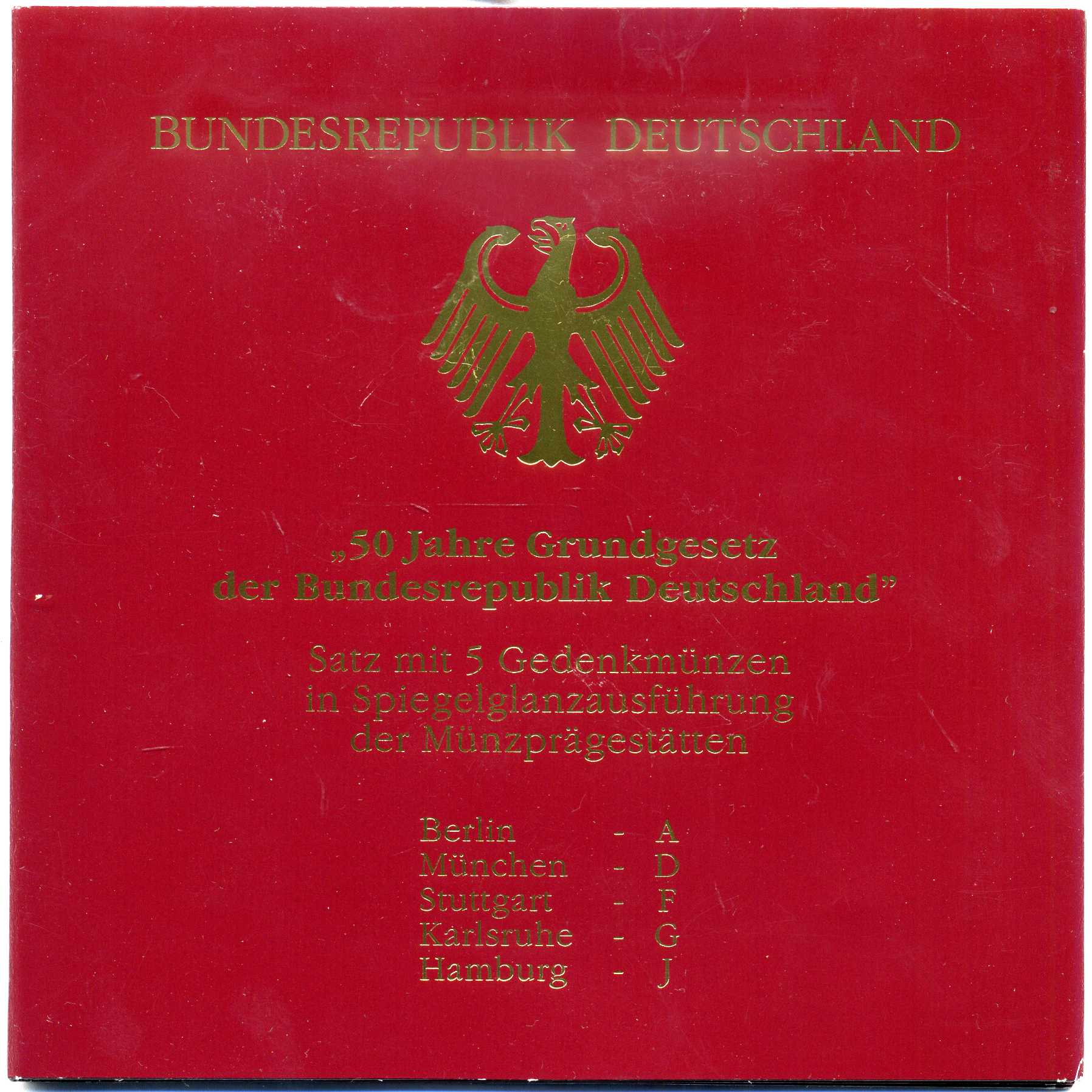 ФРГ набор из 5 штук по 10 марок 1999 A, D, F, G, J, 50 лет конституции ФРГ KM 196 серебро PROOF 6-5-2-7