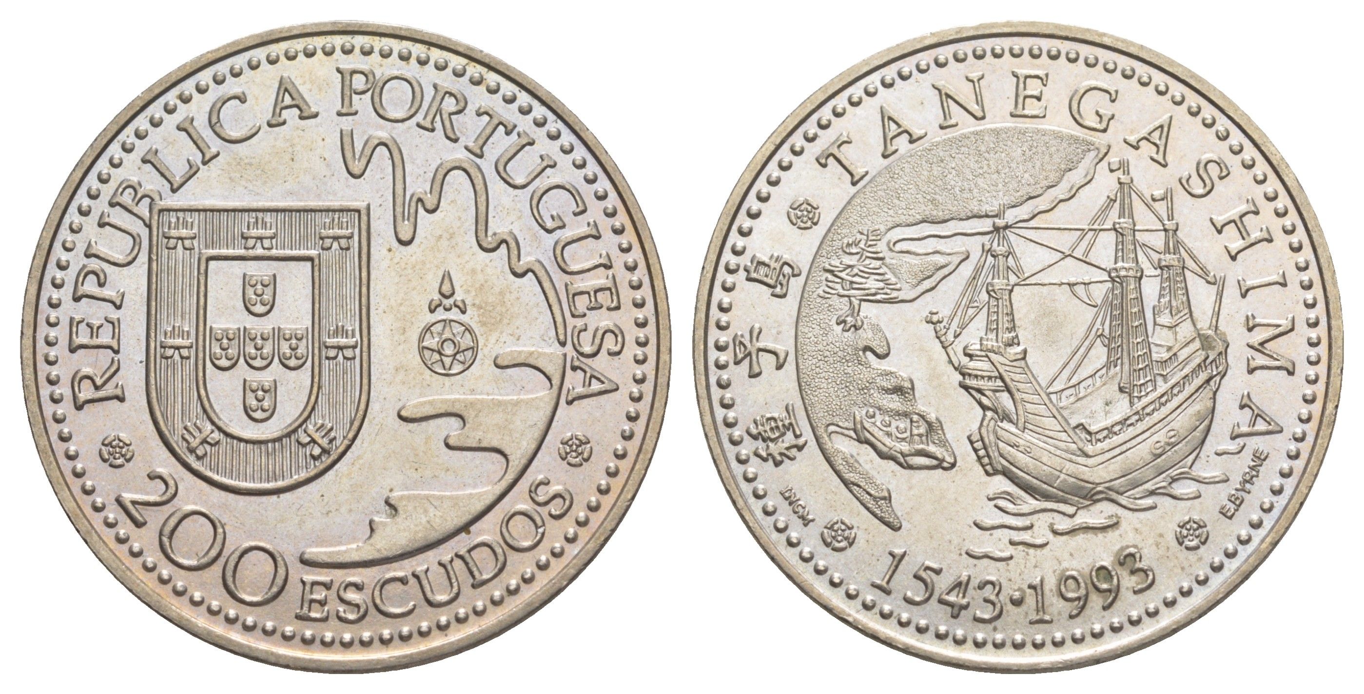 Португалия 200 эскудо 1993 450 лет с момента первой высадки в Японии на острове Танегасима KM 665 медно-никель UNC 4677-111