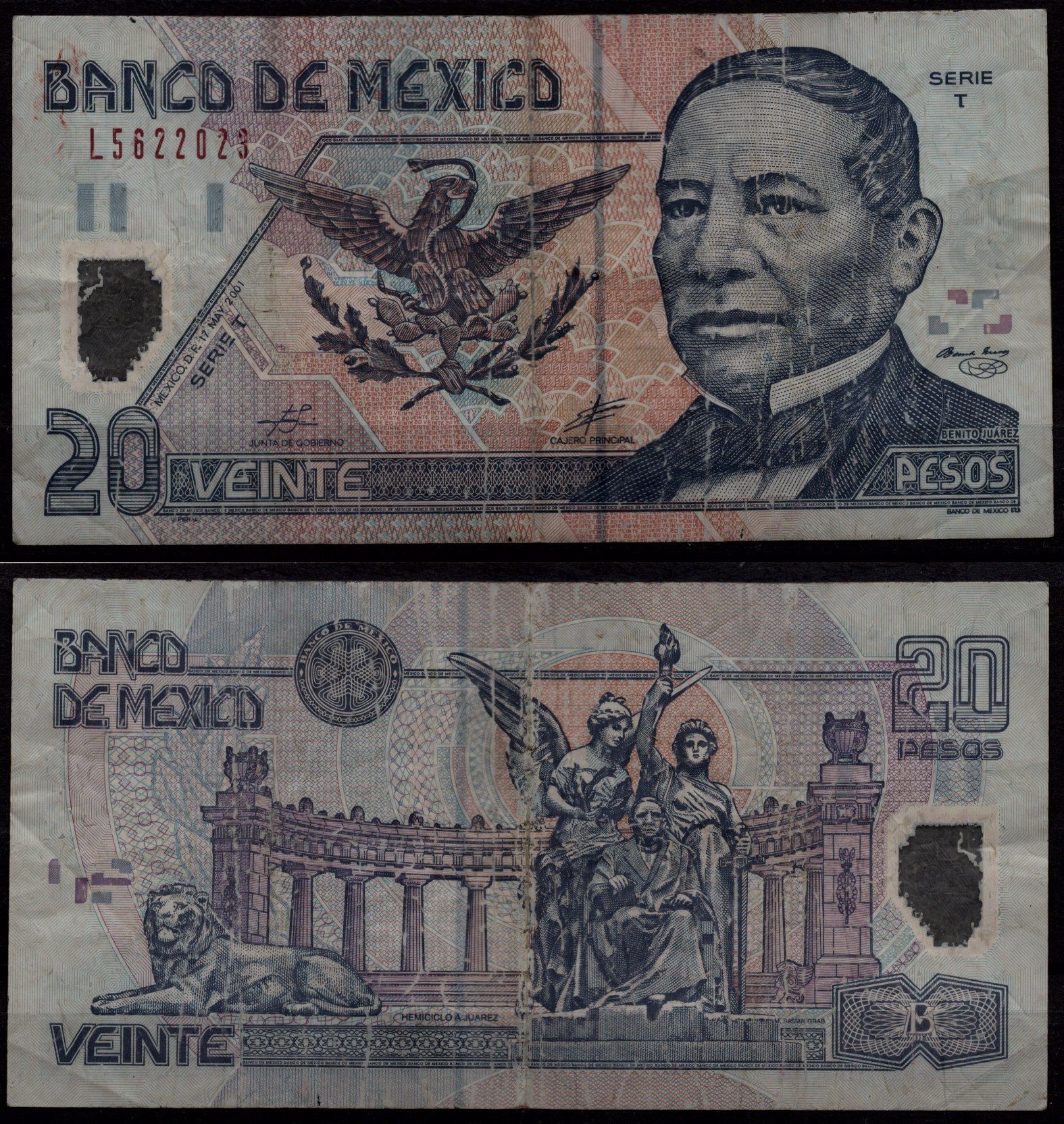 Мексика 20 песо 2001 Бенито Хуарес, хемицикл а Хуареса в Мехико Pick 116 a(1) полимер 8604-21-3-1