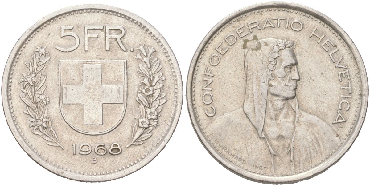 Швейцария 5 франков 1968 В, первый год KM 40а.1 медно-никель 4162-516