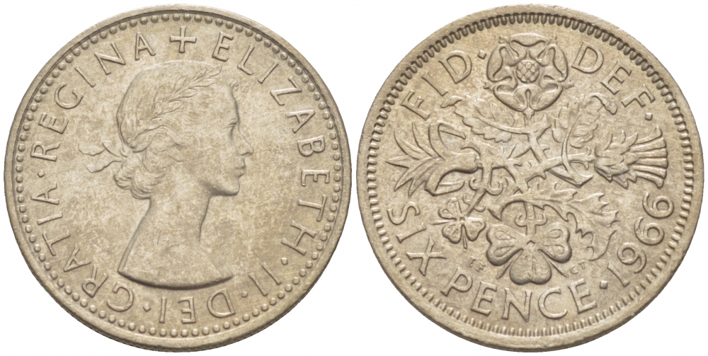 Великобритания 6 пенсов 1966 Елизавета II (1952-2022) KM 903, Spink 4149 медно-никель 214-723