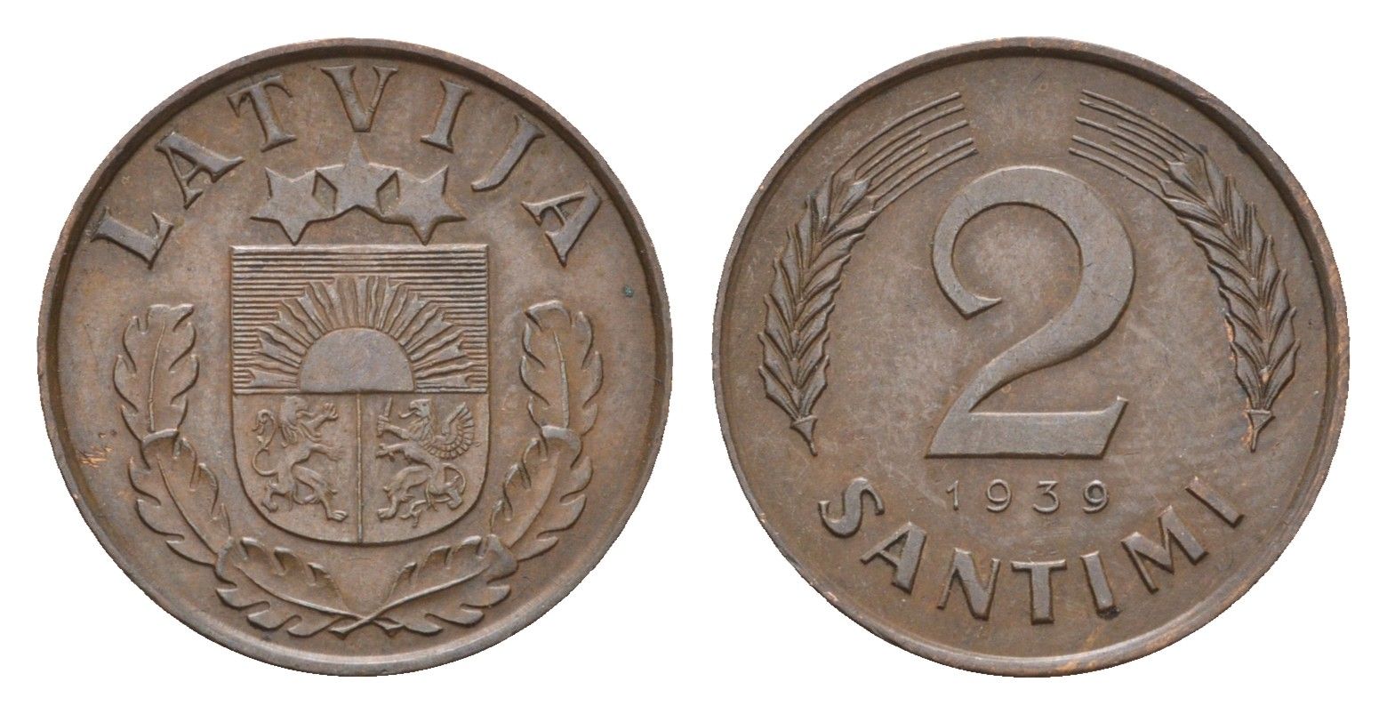 Латвия 2 сантима 1939 KM 11.2 бронза 4679-263