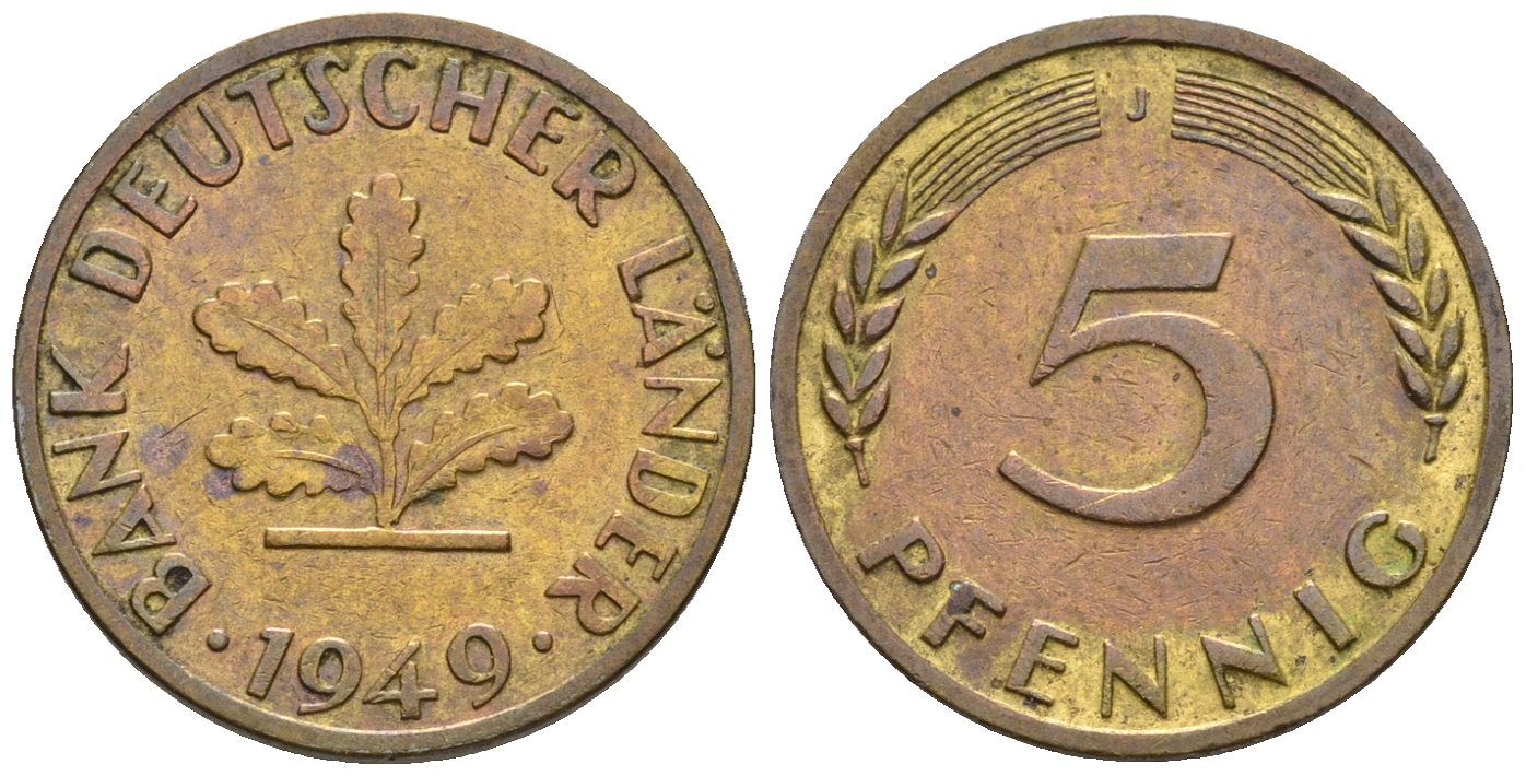 ФРГ 5 пфеннигов 1949 J KM 102, J. 377 сталь плакированная латунью 220-346