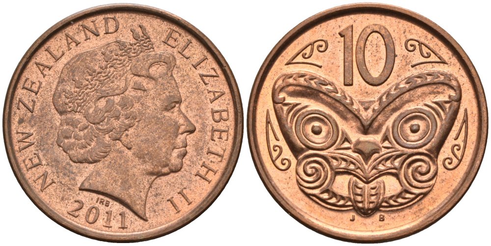 Новая Зеландия 10 центов 2011 маска Маори, Елизавета II (1952-) KM 117а сталь плакированная медью 202-622