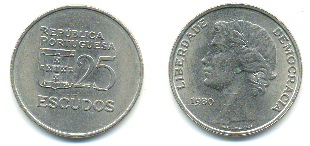 Португалия 25 эскудо 1980 первый год KM 607 a медно-никель 4379-1034