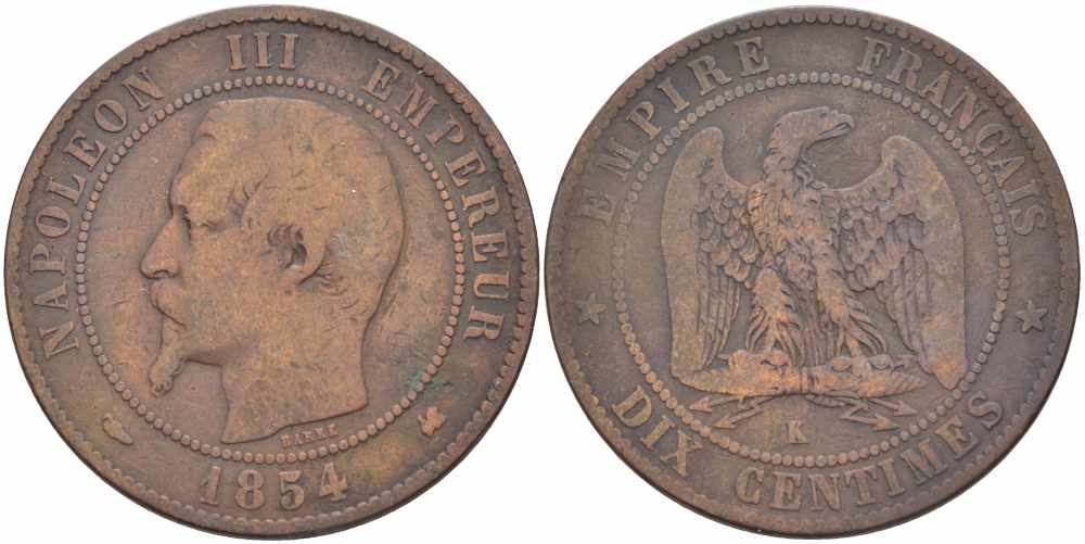 ФРАНЦИЯ 10 САНТИМОВ 1854 K, НАПОЛЕОН III (1852-1870) KM 771.5, LE FRANC 133.15 бронза 38-1016