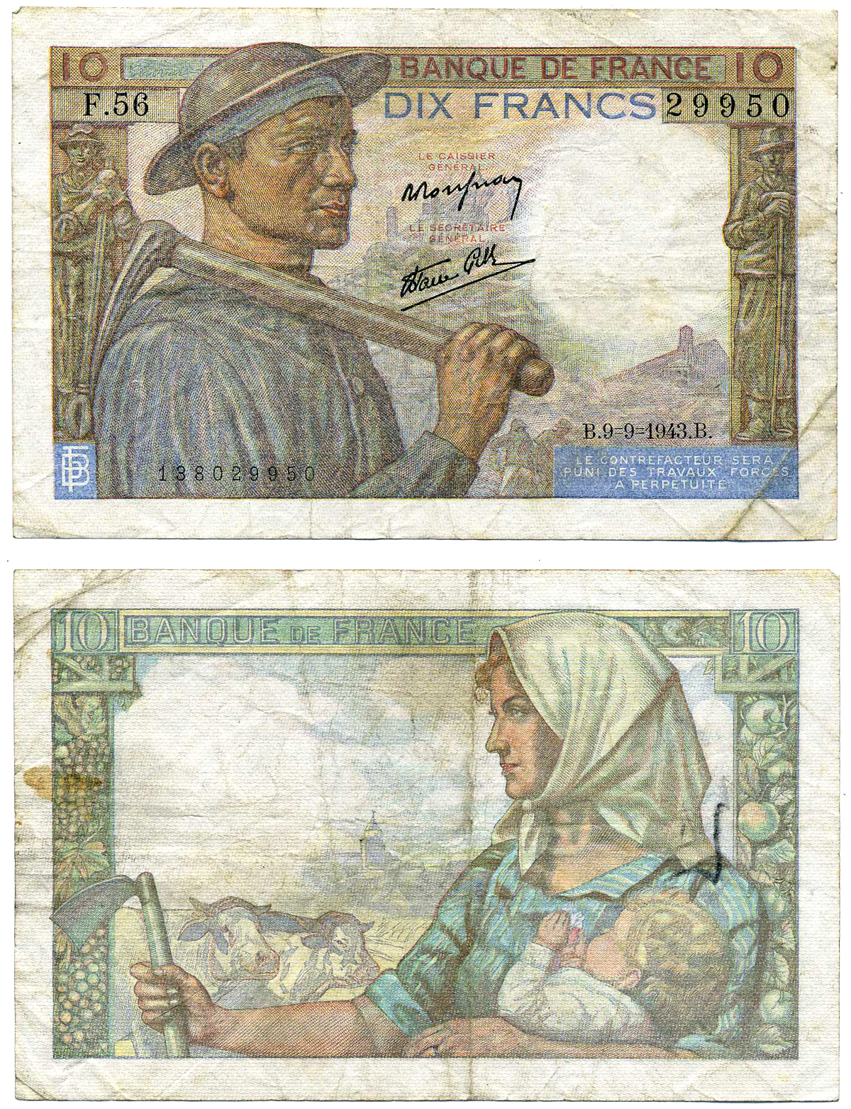 ФРАНЦИЯ 10 ФРАНКОВ 1943 9 СЕНТЯБРЯ 1943 Pick 99d бумага 7207-43-1-1